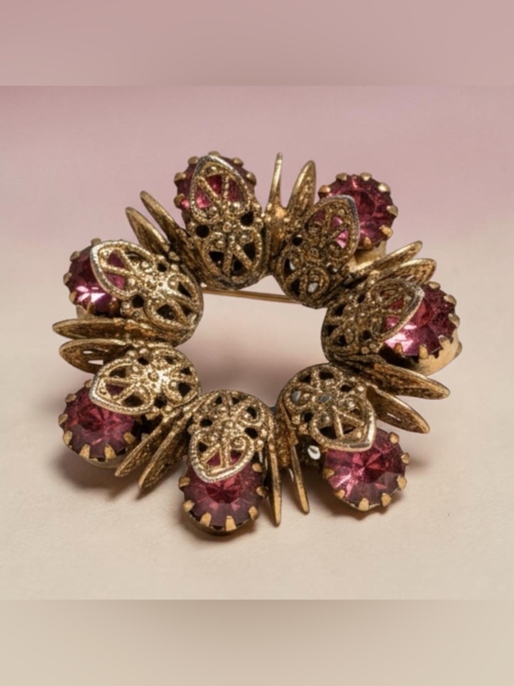 Vintage Filagree Wreath Brooch With Pink Rhinestones